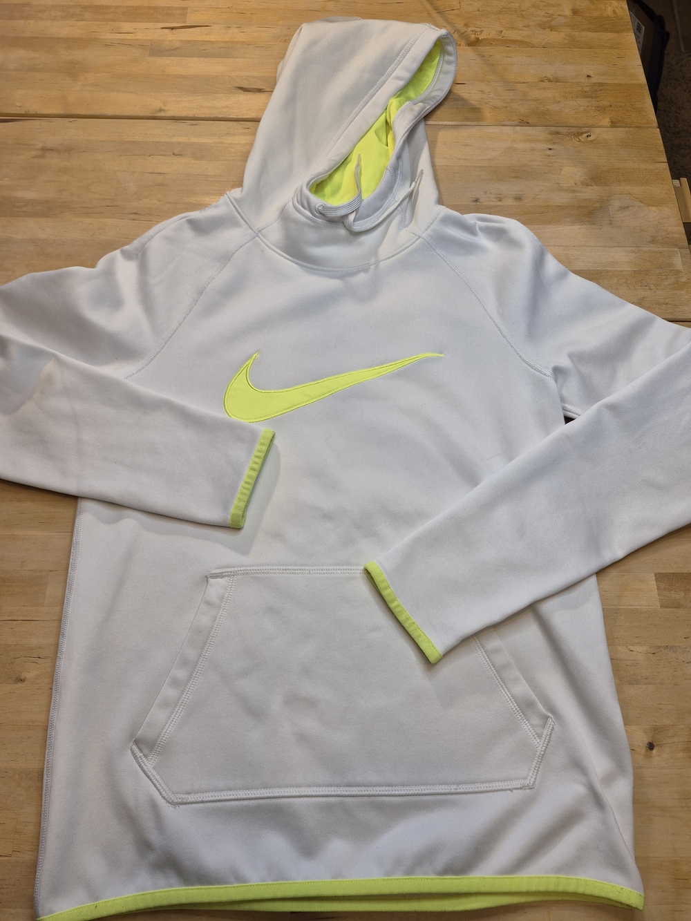 Nike Men's White Hoodie with Neon Yellow Swoosh